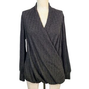 Maeve Anthropologie Wrap Sweater XS Charcoal Gray Ribbed Knit V-Neck Long Sleeve